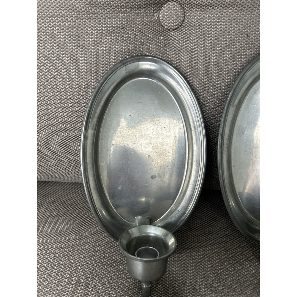 Pair (2) Woodbury Pewter 9" Oval Wall Sconces Candle Holder Silver Metal - Picture 5 of 11